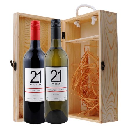 澳大利亚21兄弟美乐干红+长相思半干白葡萄酒双支松木礼盒