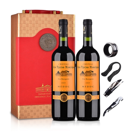 法国红酒三宝利酒庄干红葡萄酒2009 750ml（双瓶装）+中国红双支皮盒(含四件酒具）