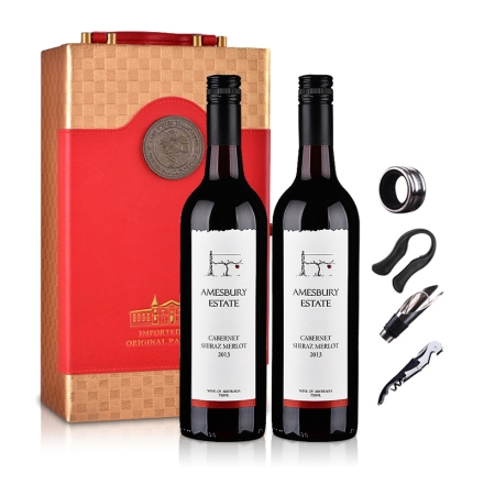 【礼盒】澳大利亚桉柏卡本妮西拉梅洛红葡萄酒750ml（双瓶装）+中国红双支皮盒(含四件酒具）