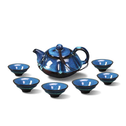 窑变釉瓷器 整套功夫茶具 深蓝色窑变釉一壶六杯 陶瓷茶具茶杯茶壶套装