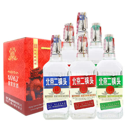 42°永丰牌北京二锅头出口型小方瓶（红标+蓝标+绿标）500ml*6瓶